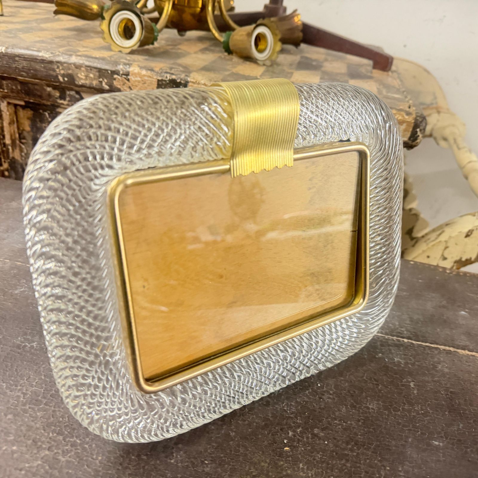 1990s Barovier Style Art Deco Murano Glass And Brass Horizontal Picture Frame photo Home Decor