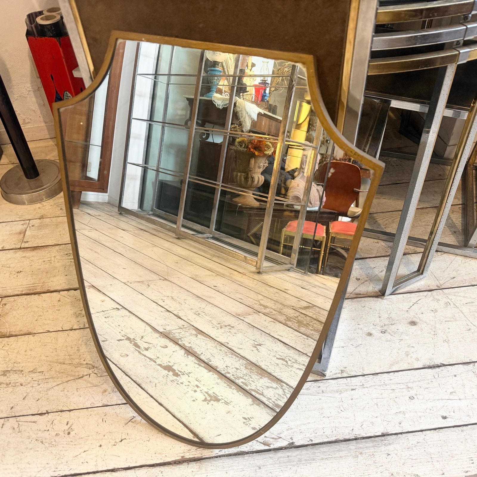 1950s Gio Ponti Style Mid Century Modern Brass Shield Italian Wall Mirror photo buy
