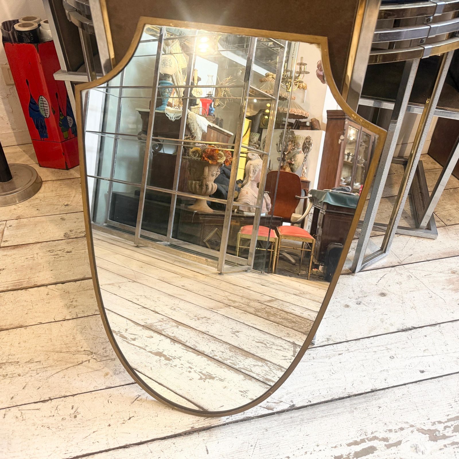 1950s Gio Ponti Style Mid Century Modern Brass Shield Italian Wall Mirror photo vintage