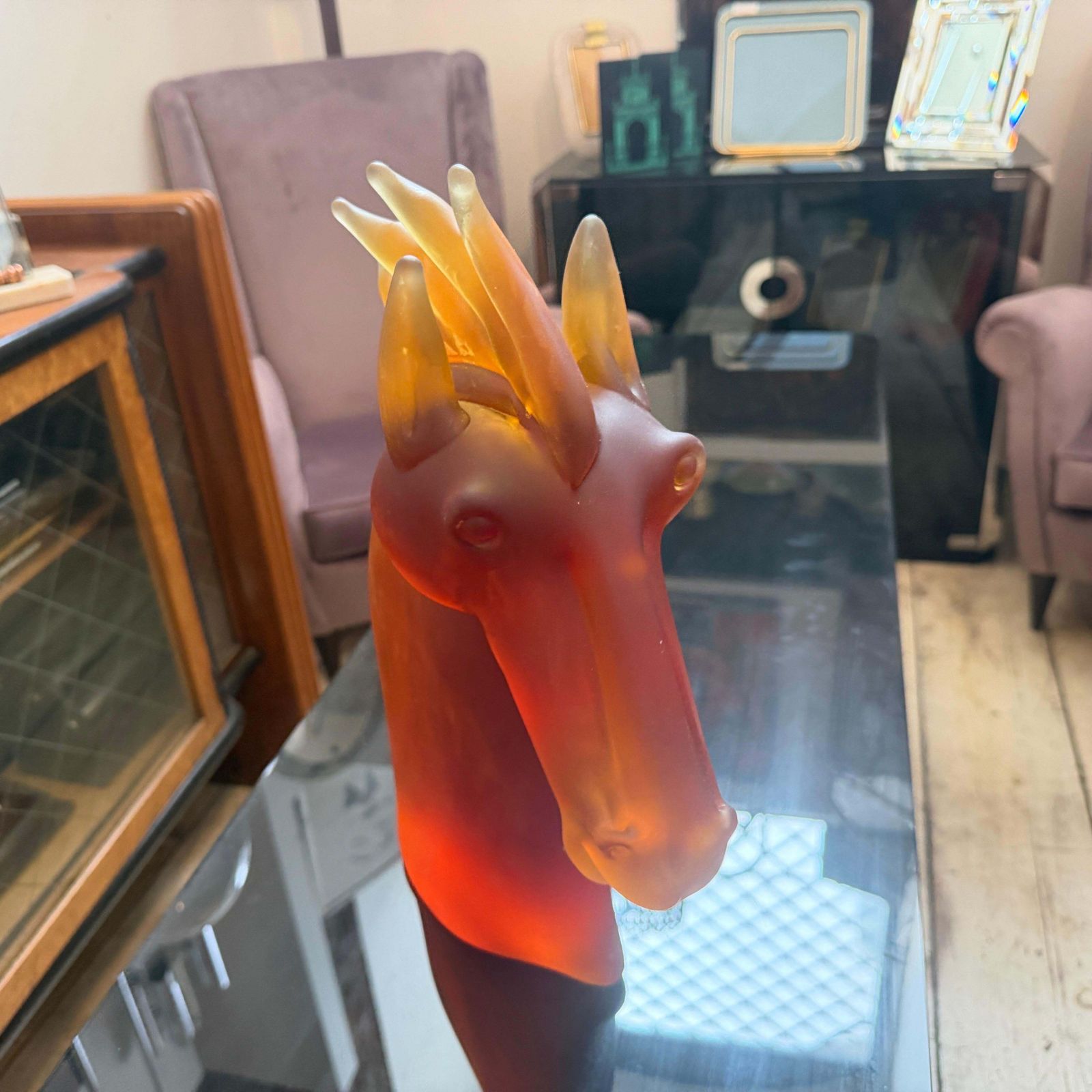 photo for sale 1990s Modern Amber And Brown Heavy Murano Glass Sculpture Of An Horse Head