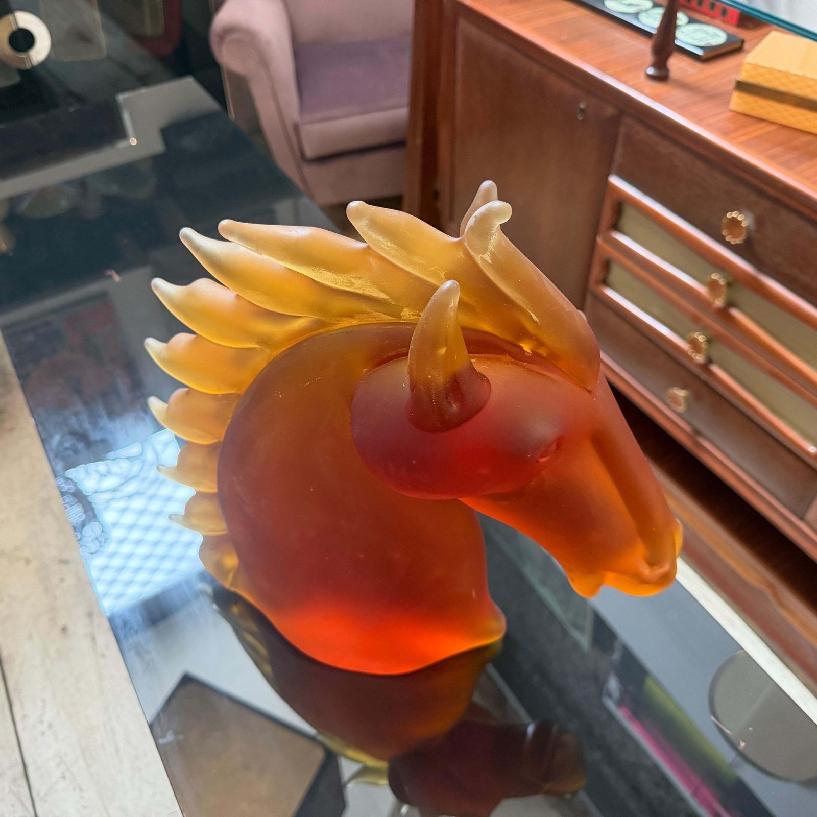 2752.0 1990s Modern Amber And Brown Heavy Murano Glass Sculpture Of An Horse Head photo