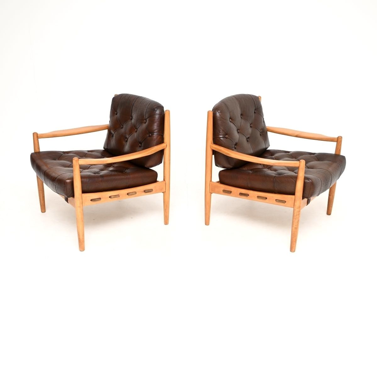 Pair Of Swedish Vintage Leather And Birch Armchairs By Ingemar Thillmark For Ope photo Furniture