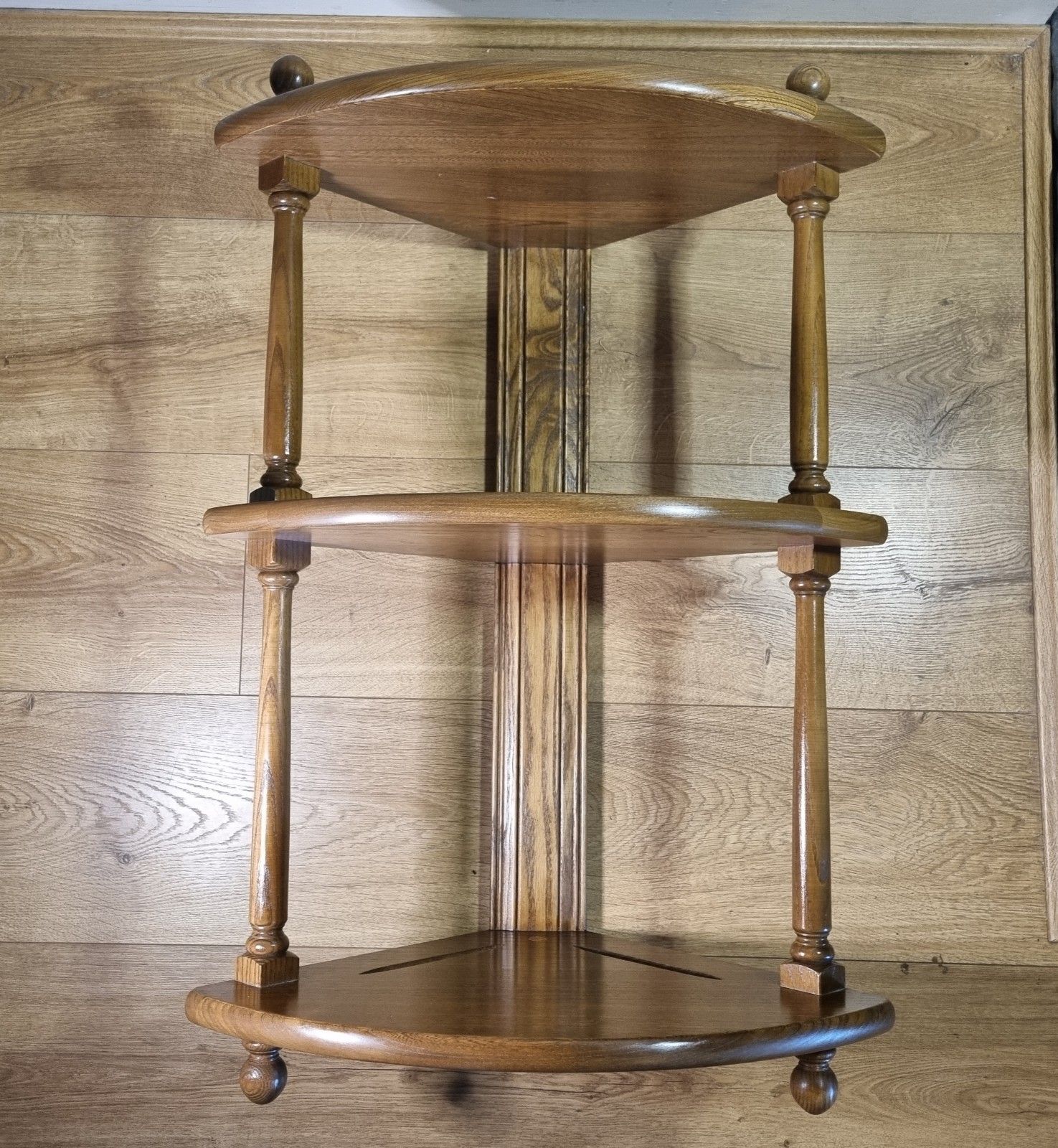 Ercol 3 Tier Corner Shelf Wall Hanging Golden Dawn Elm Wooden Display What Not