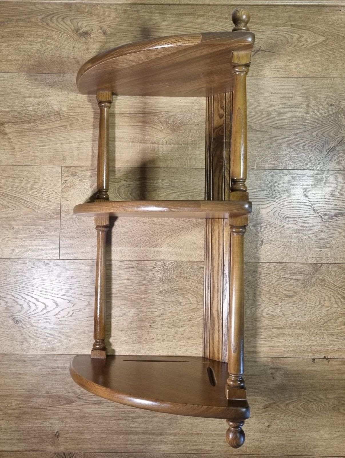 photo furniture Ercol 3 Tier Corner Shelf Wall Hanging Golden Dawn Elm Wooden Display What Not