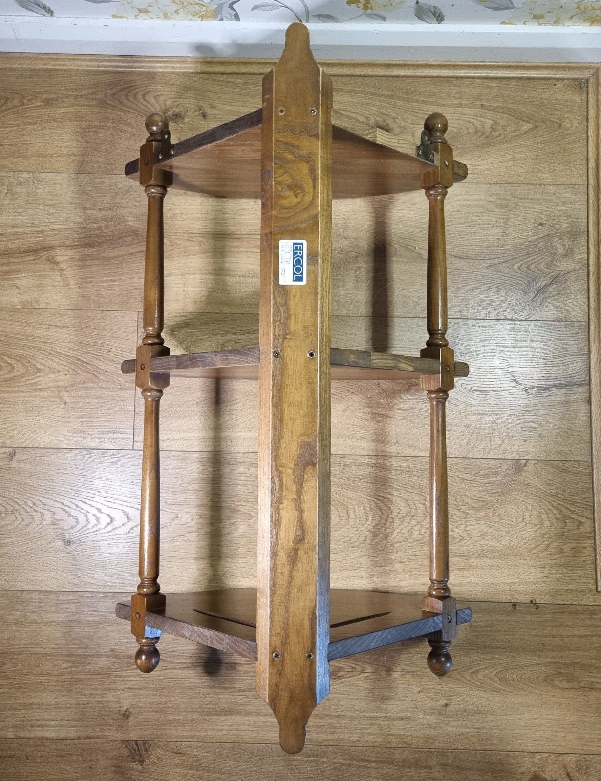 photo for sale Ercol 3 Tier Corner Shelf Wall Hanging Golden Dawn Elm Wooden Display What Not