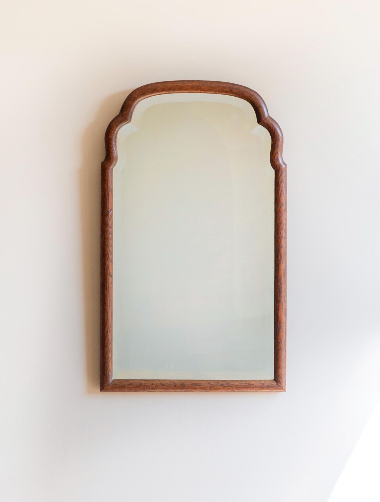 Antique Oak Mirror With Beveled Glass   Scalloped Frame   Large Curved Wooden Wall Mirror photo vinterior