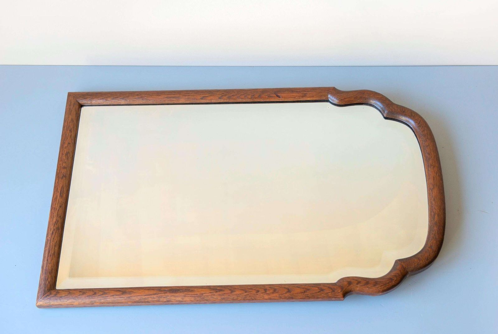 588.0 Antique Oak Mirror With Beveled Glass   Scalloped Frame   Large Curved Wooden Wall Mirror photo