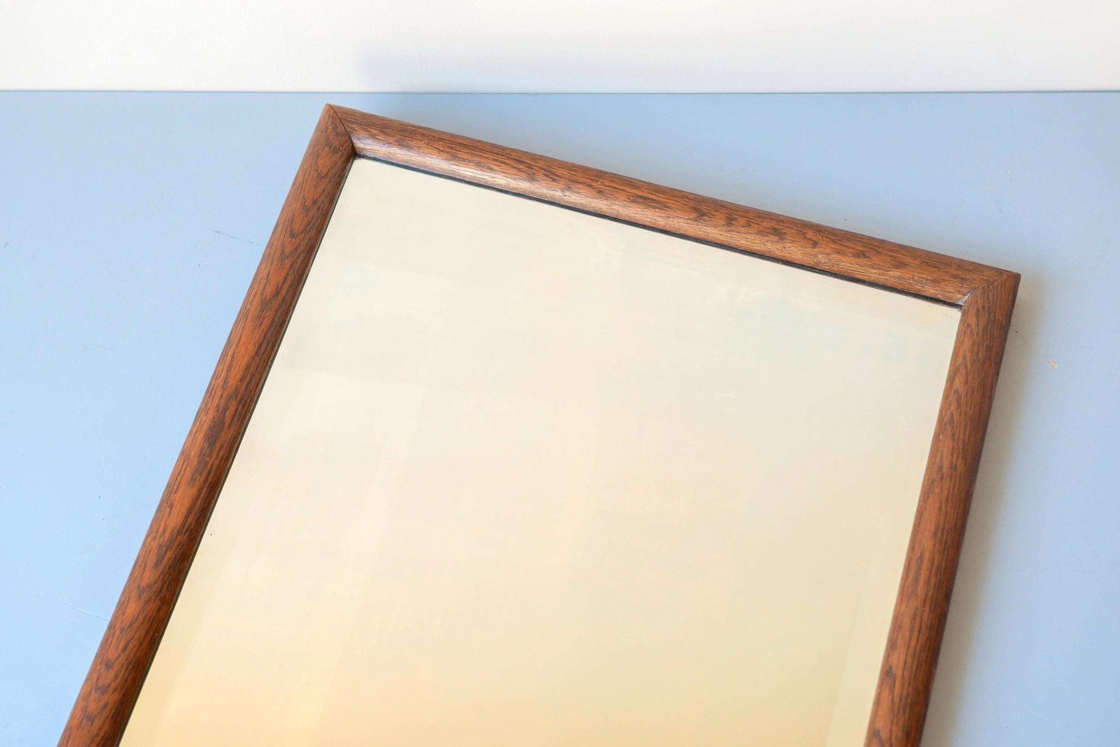photo vinterior Antique Oak Mirror With Beveled Glass   Scalloped Frame   Large Curved Wooden Wall Mirror