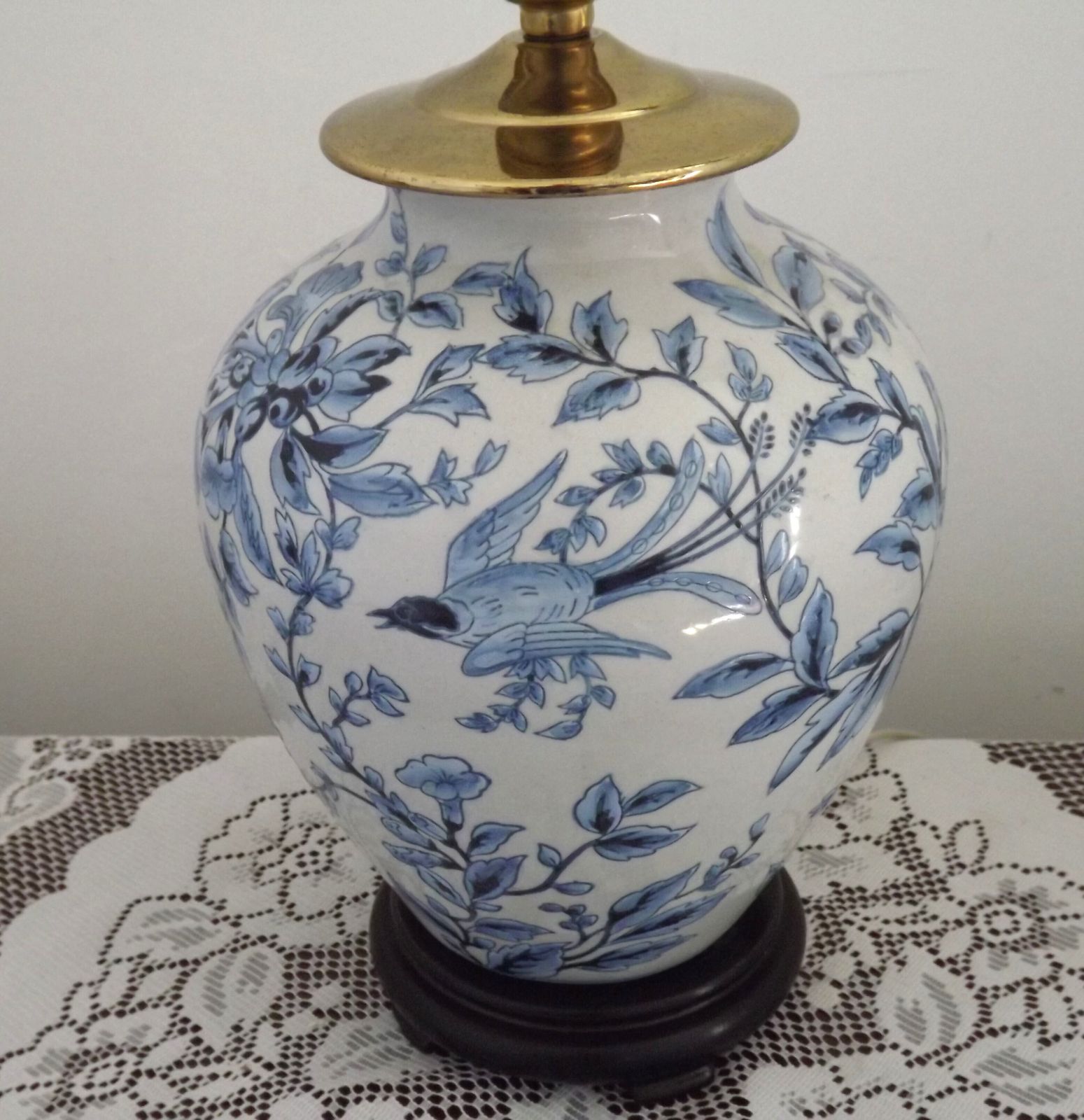 Blue & White Chinoiserie Ginger Jar Table Lamp Raised Bird & Floral Motif photo for sale