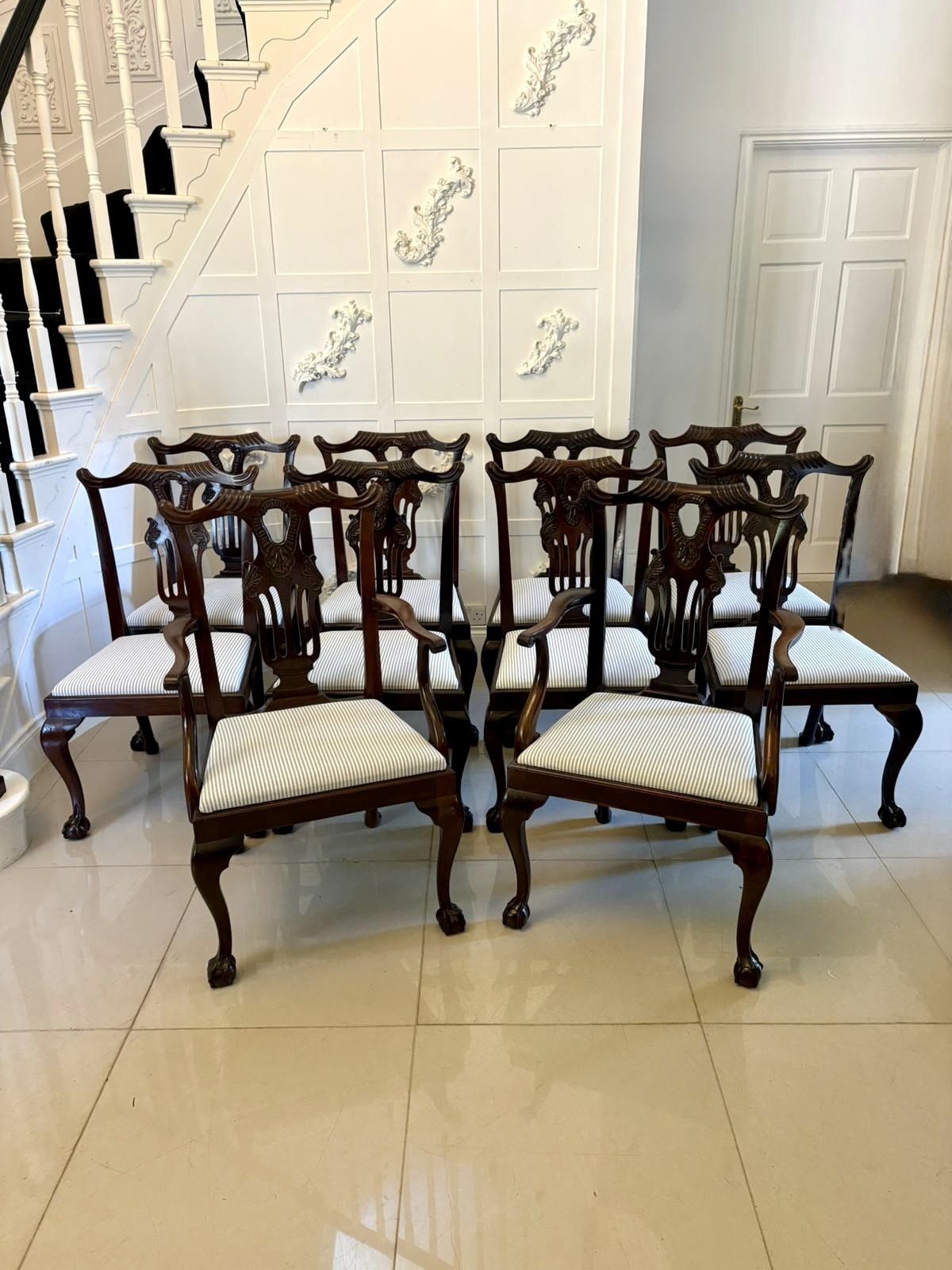 Antique Set Of 10 Irish Mid 19th Century Carved Mahogany Dining Chairs Carvers Ball & Claw Feet