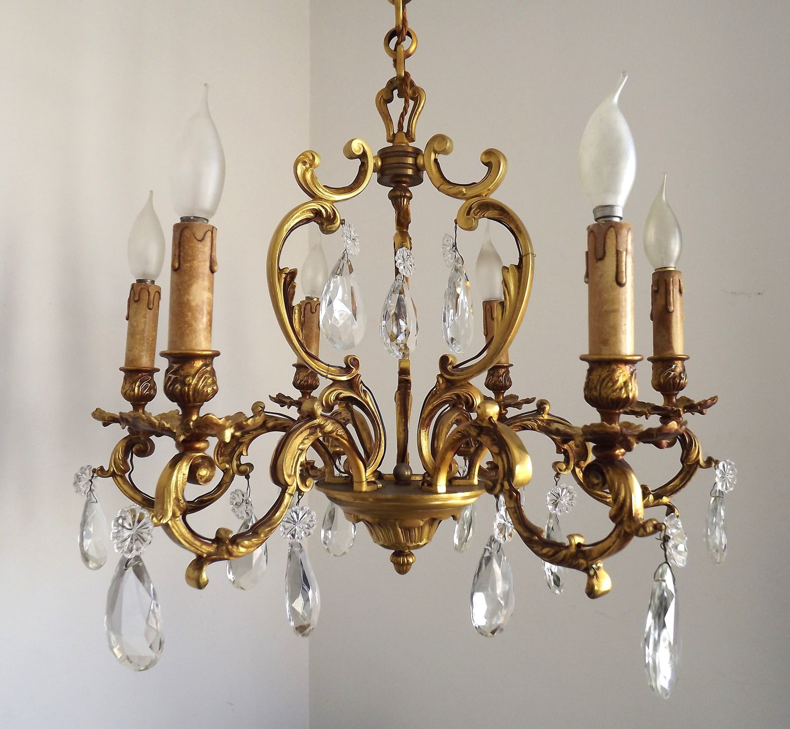 photo buy Grand lustre à cage Art Nouveau en laiton et cristal à 6 lumières, France