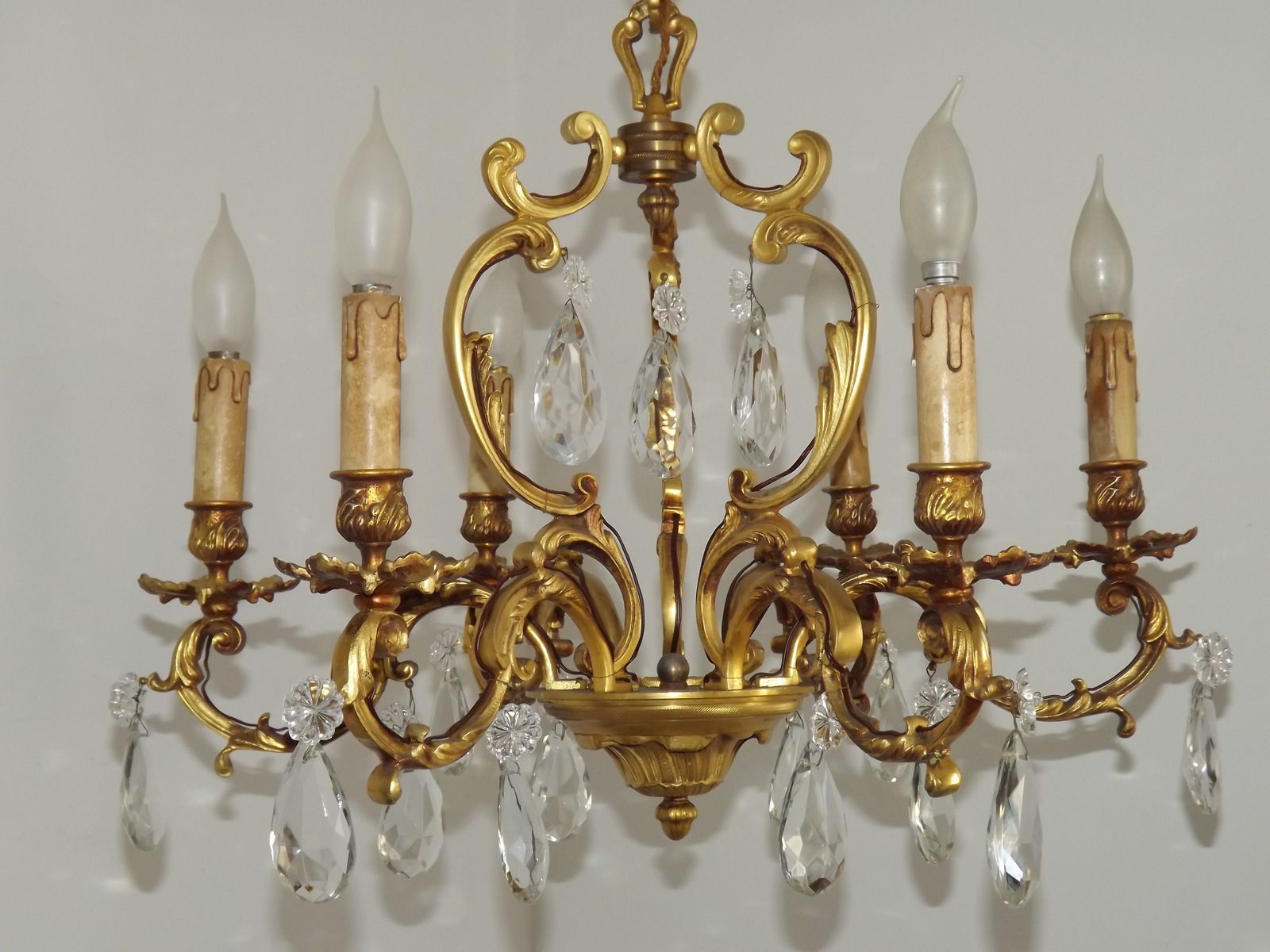 Grand lustre à cage Art Nouveau en laiton et cristal à 6 lumières, France photo 575.0