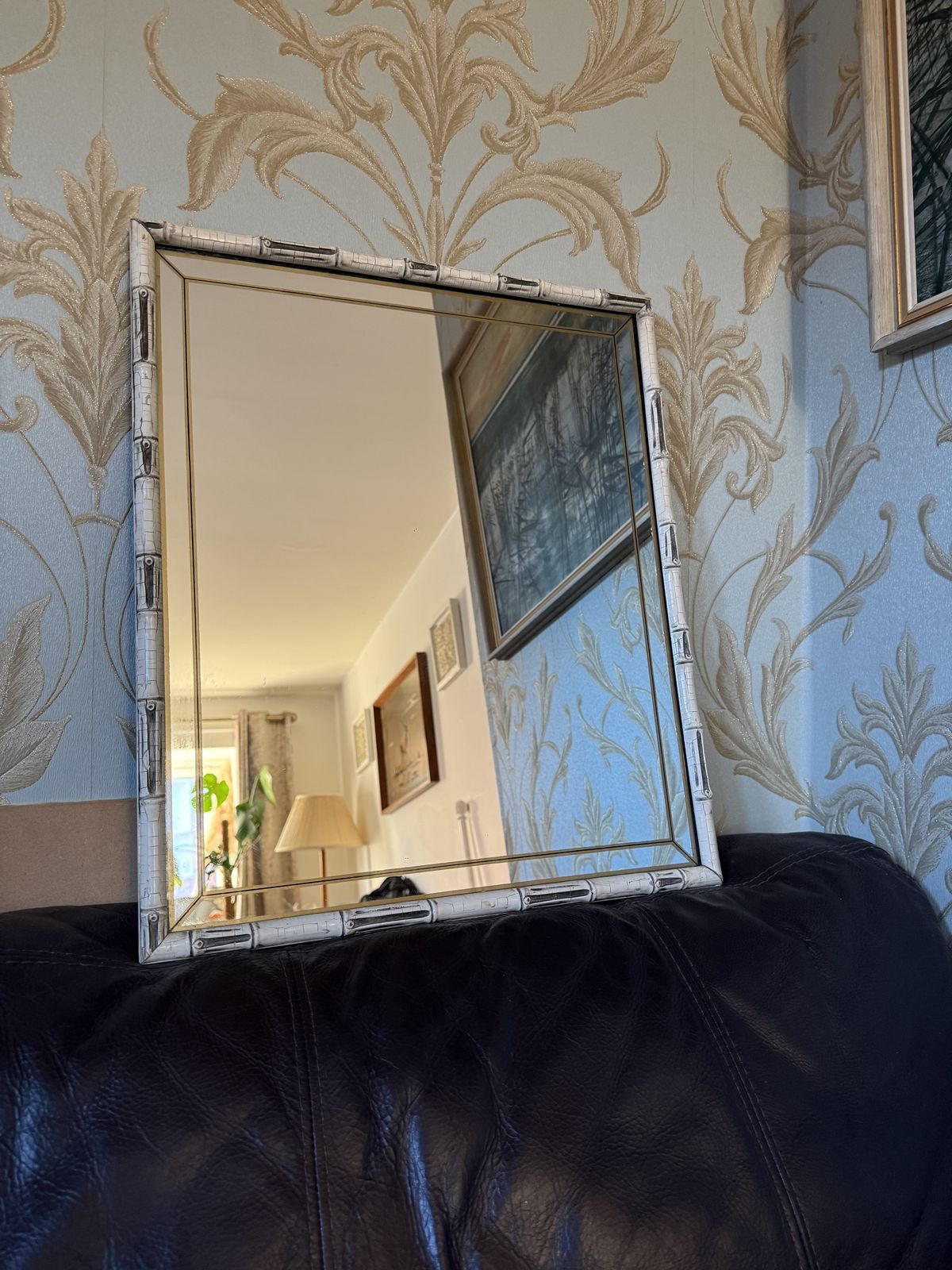 Rare 1970s Braddell Enterprises Silver & Black Faux Bamboo Mirror – Aged Pewter Finish – Hand Printed Geometric Border – 52.5cm