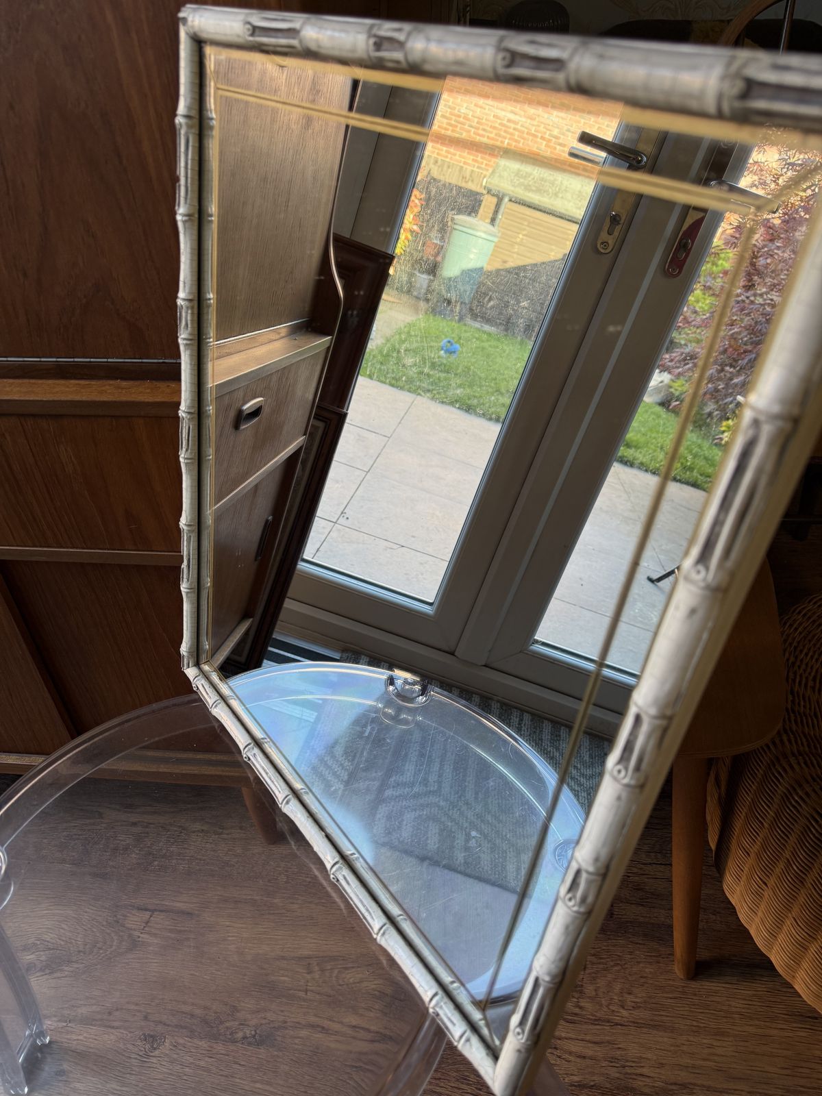 Rare 1970s Braddell Enterprises Silver & Black Faux Bamboo Mirror – Aged Pewter Finish – Hand Printed Geometric Border – 52.5cm photo furniture