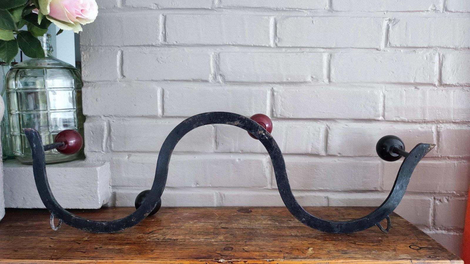 photo vinterior 1960s French Iron Wall Coat Rack With Wood Ball Hooks