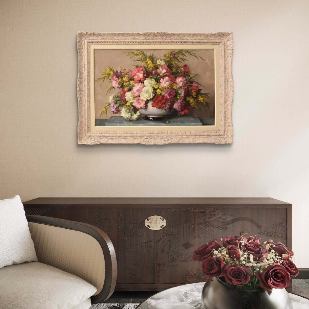 Art Deco Still Life Painting, Flowers, Carnations And Mimosas, Oil On Canvas, XX. (Qf735) photo furniture