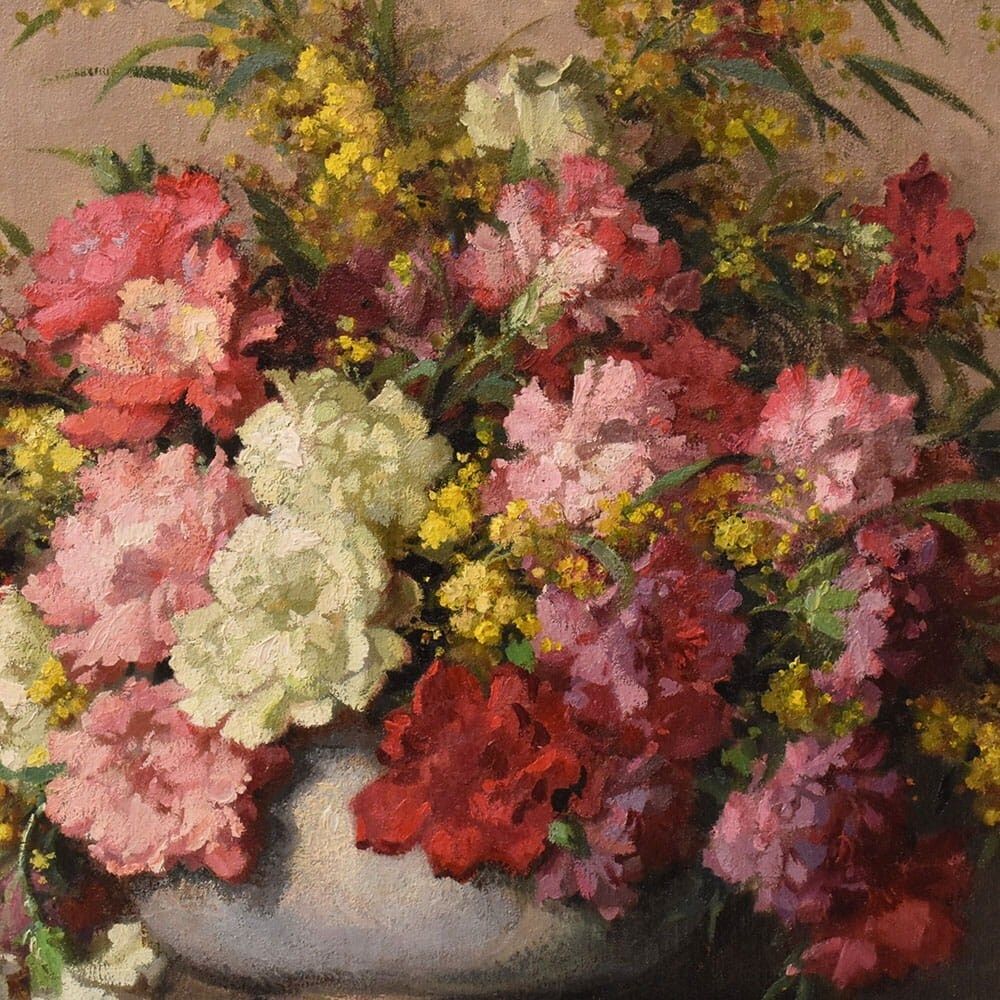 Art Deco Still Life Painting, Flowers, Carnations And Mimosas, Oil On Canvas, XX. (Qf735) photo Art