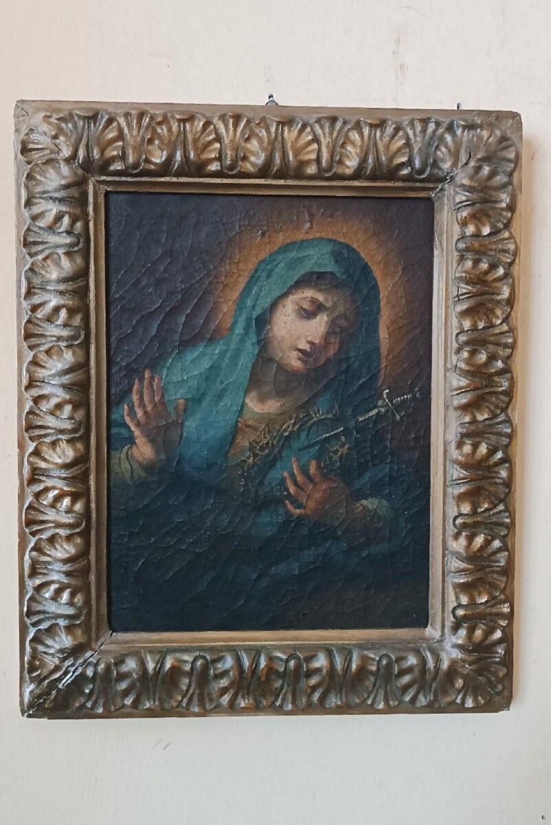 Antique Oil Painting On Canvas "Our Lady Of Sorrows"