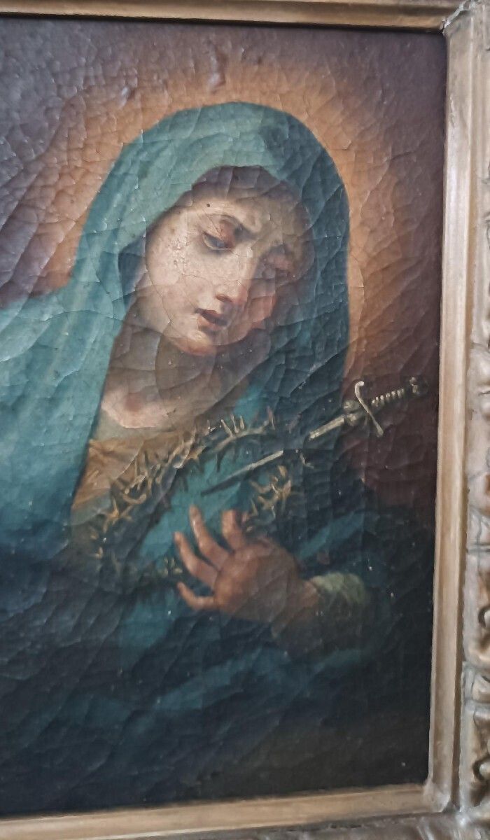 Antique Oil Painting On Canvas "Our Lady Of Sorrows" photo vintage