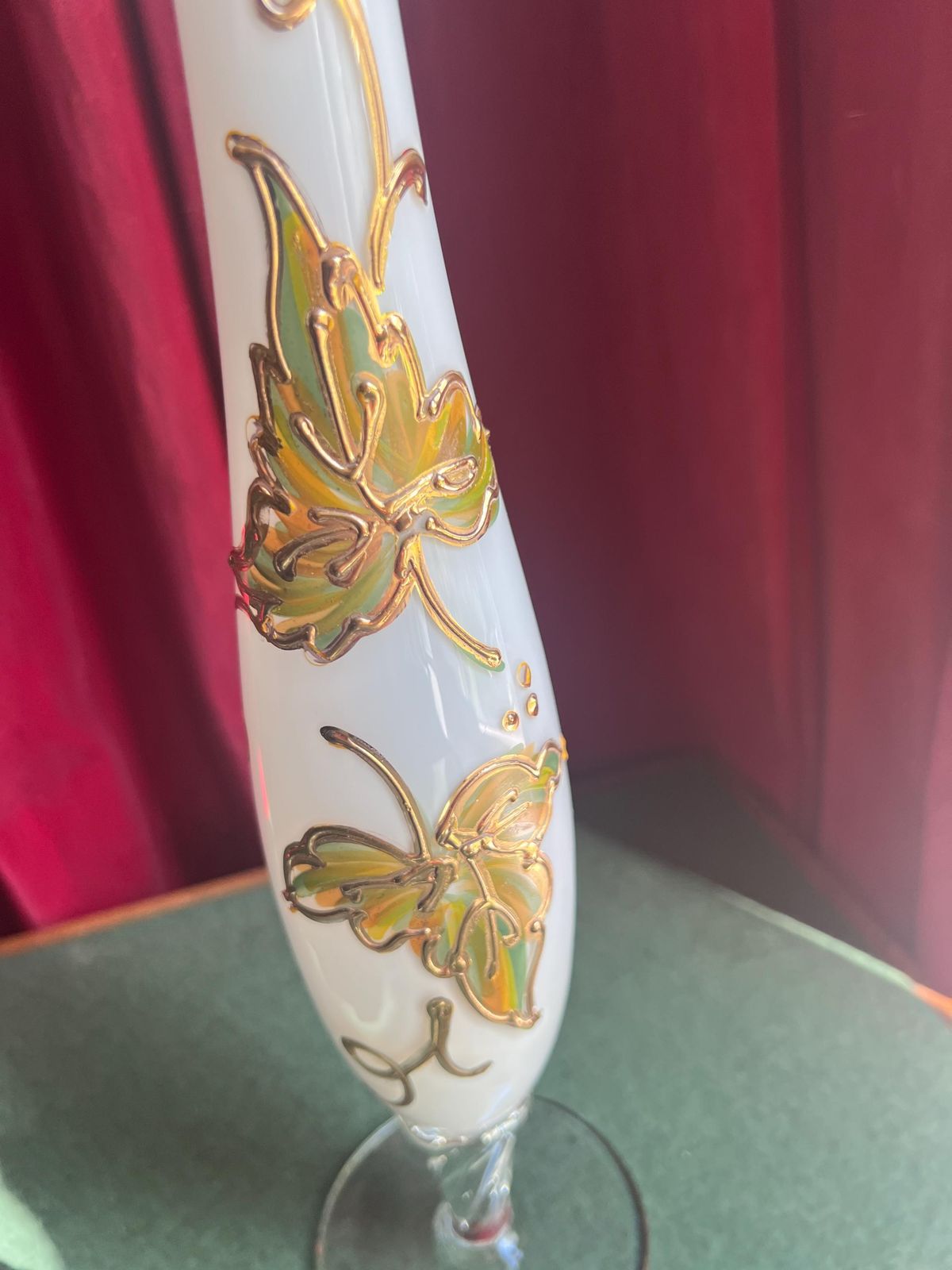 Victorian Opaline Glass Vase. Hand Painted Gilt Golden Leaf Decor. Victoriana Collectors Gift. photo for sale