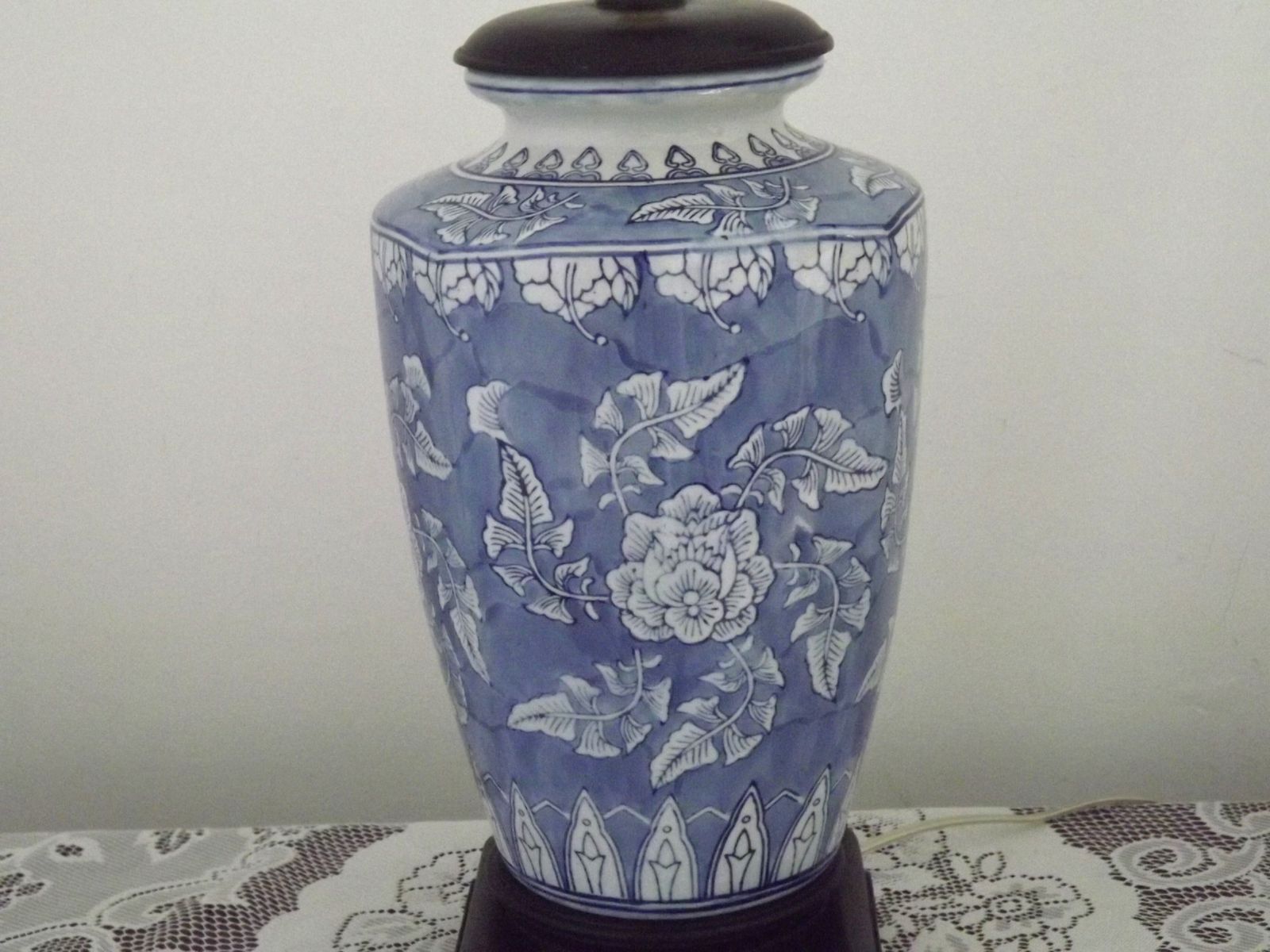 Tall Blue & White Oriental Style Ceramic Table Lamp With Floral Decoration Wooden Plynth Base photo buy