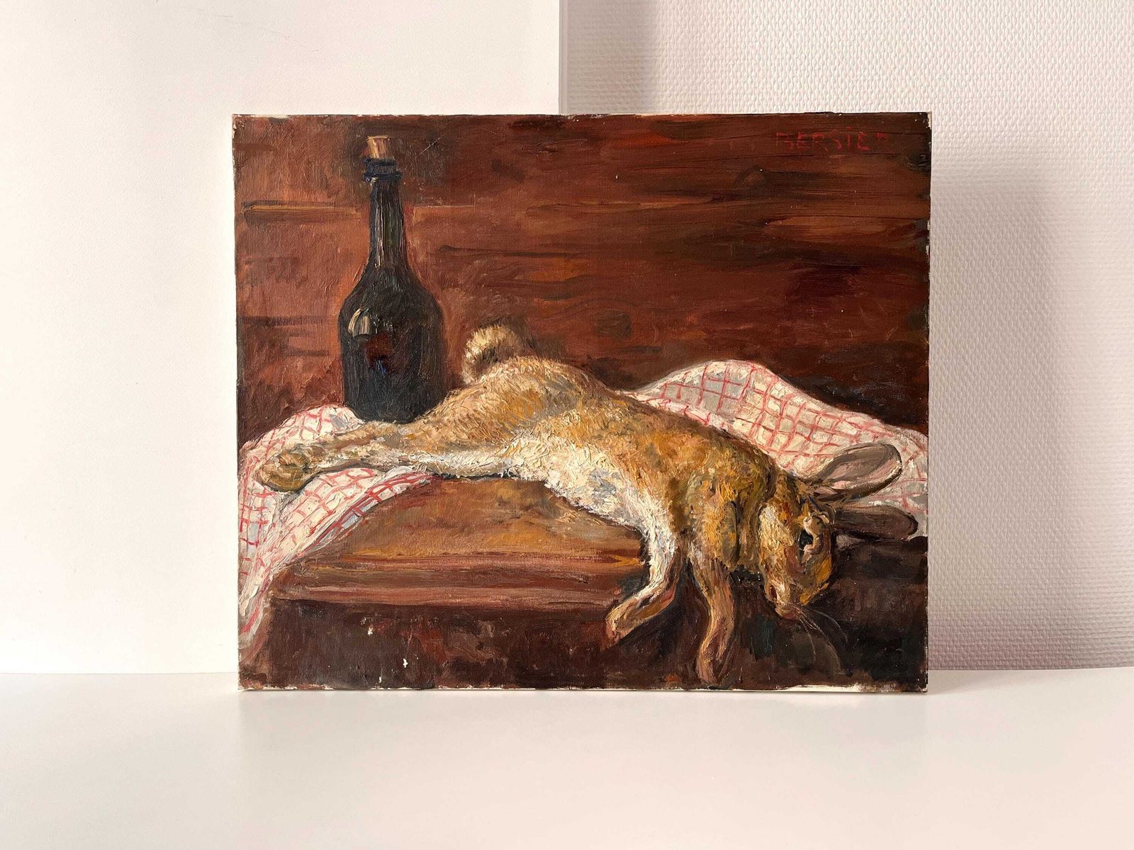 Original Hare Painting "Trophy Hunting" Circa 1950, Vintage French Still Life Oil On Canvas, Venison Painting