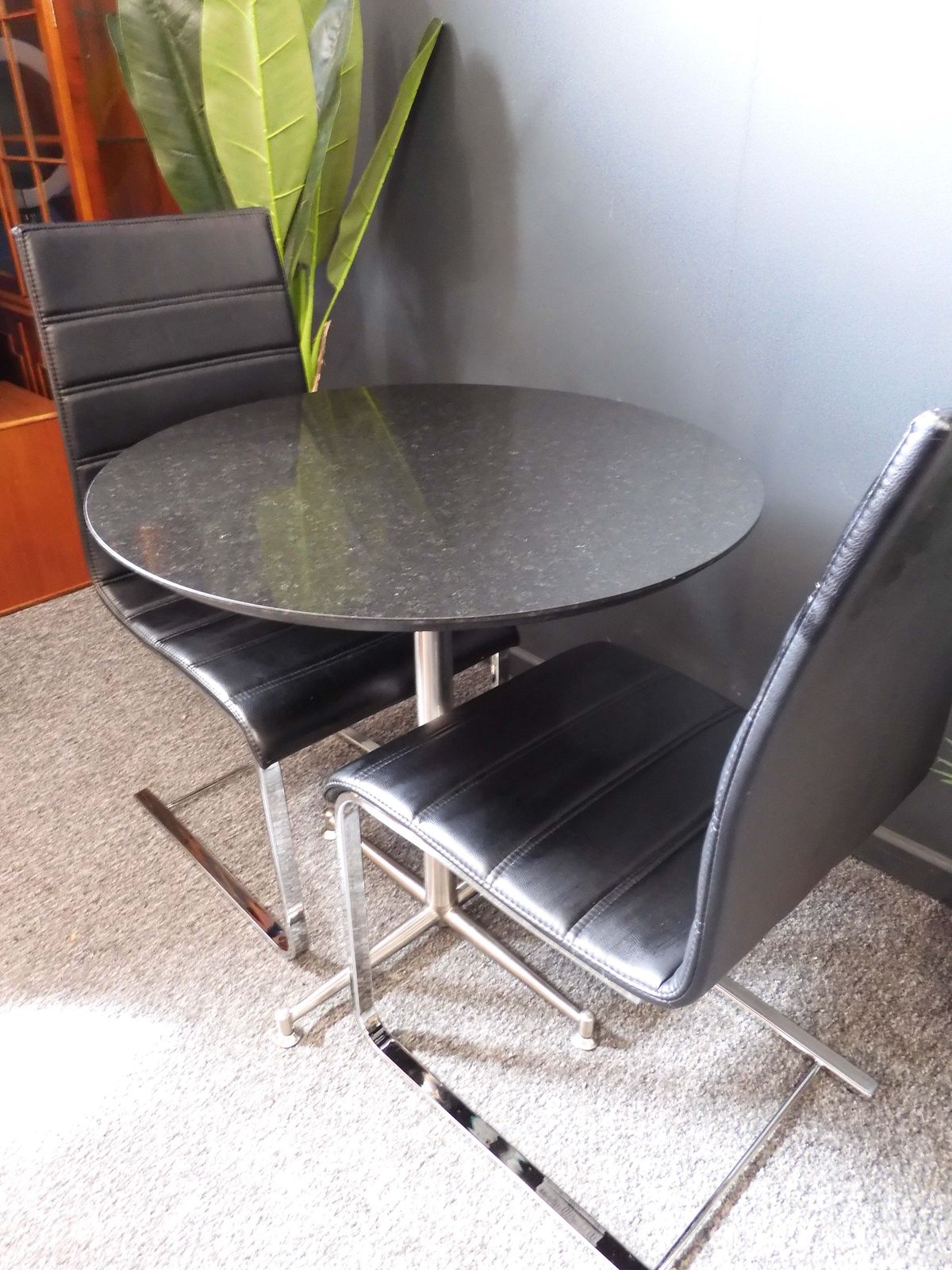 photo for sale Custom Bespoke Mid Century Modern Bistro Set In Granite And Faux Leather – Unknown Origin, 1960s 1970s