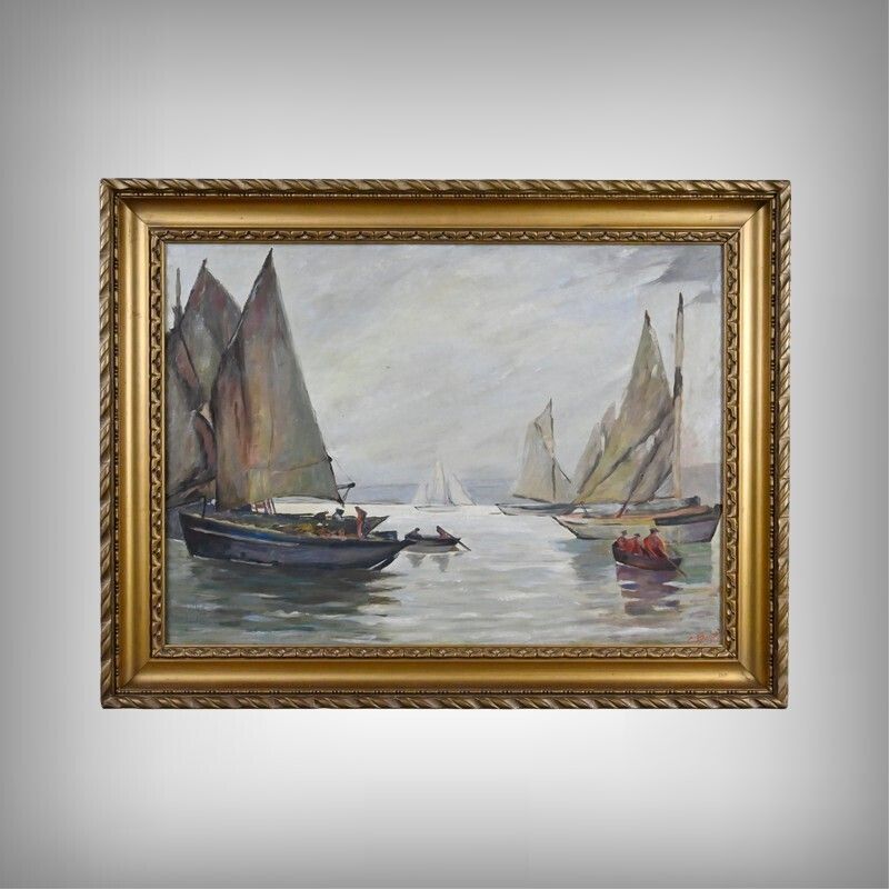 Painting “Sailboats On A Calm Sea”, Oil On Canvas, Signed C. Bustad – 1928