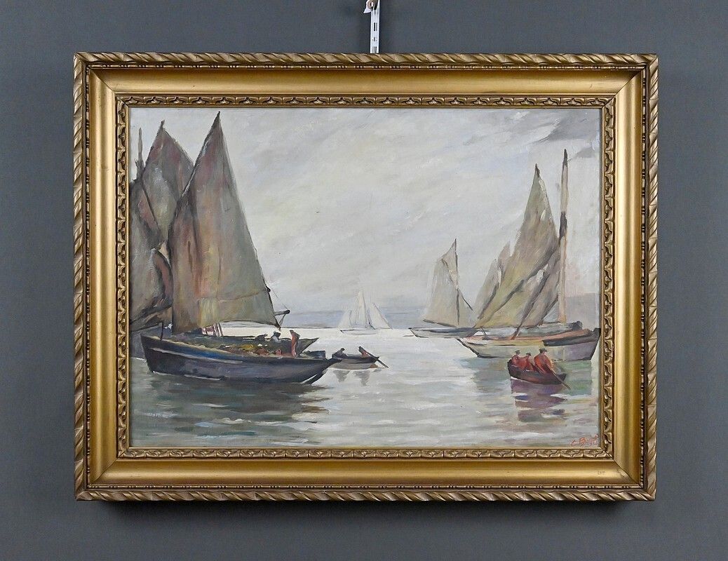 Painting “Sailboats On A Calm Sea”, Oil On Canvas, Signed C. Bustad – 1928 photo 960.0