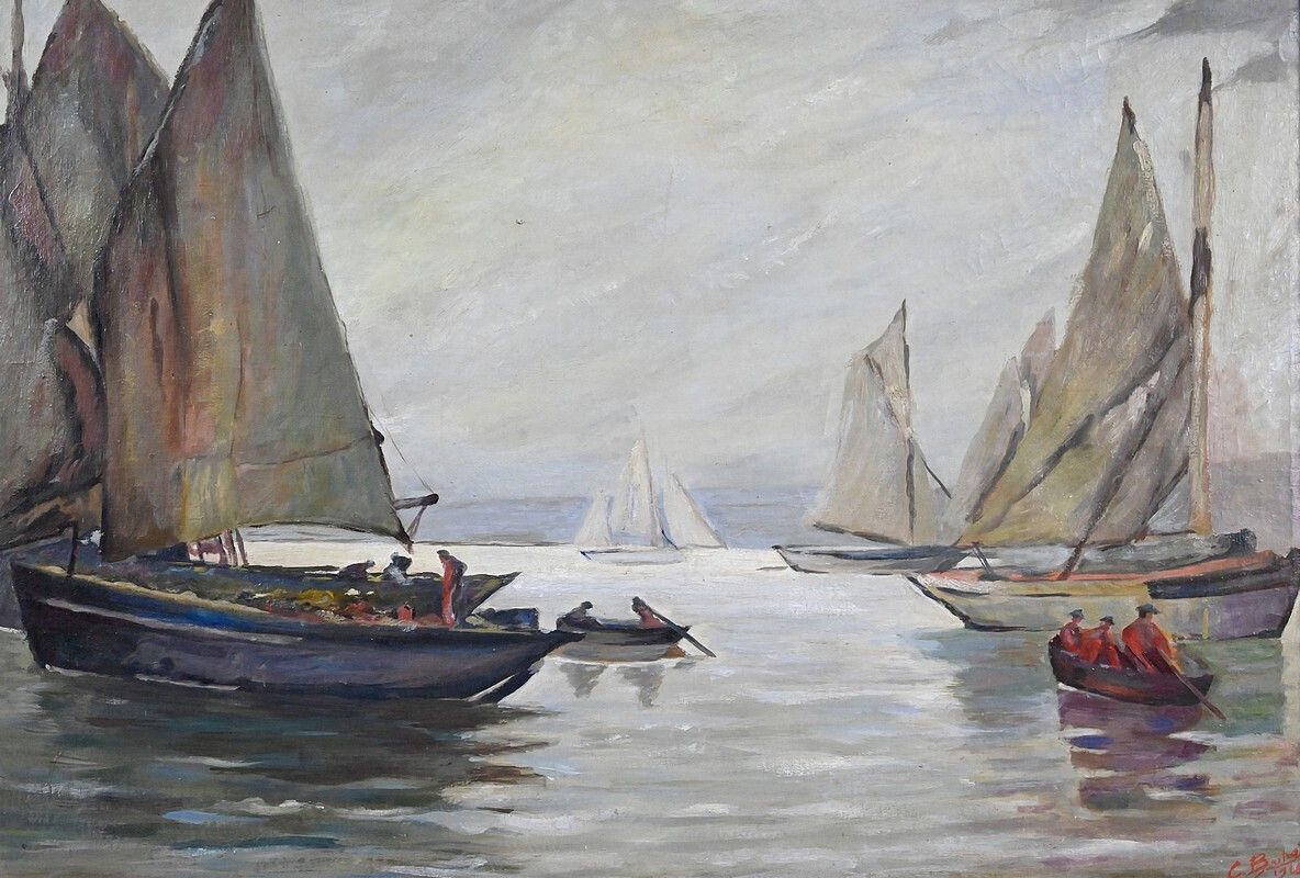 Painting “Sailboats On A Calm Sea”, Oil On Canvas, Signed C. Bustad – 1928 photo vinterior