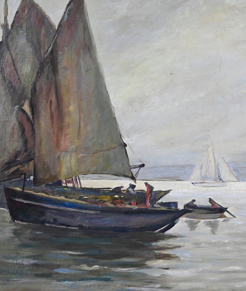 Painting “Sailboats On A Calm Sea”, Oil On Canvas, Signed C. Bustad – 1928 photo buy