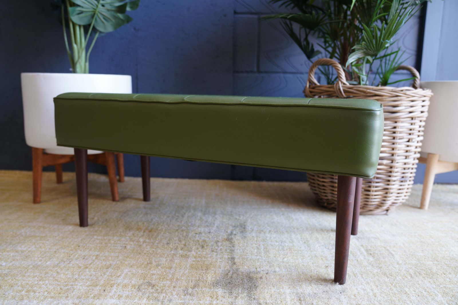 photo for sale Mid Century Modern Olive Green Vinyl Bench Stool With Tapered Legs