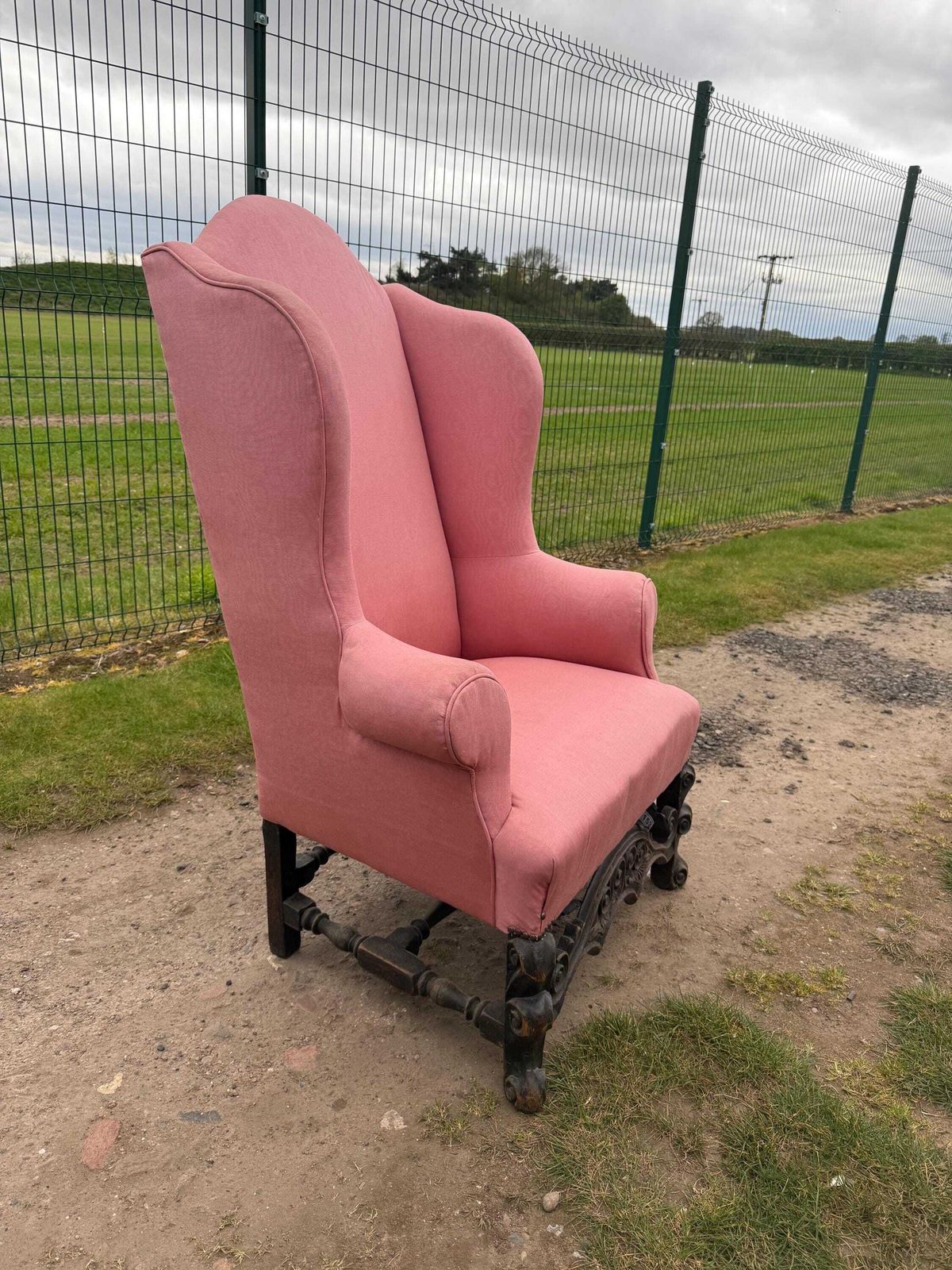 Chair   Carolean Large Wing Back Arm Chair With Carved Oak Base photo furniture