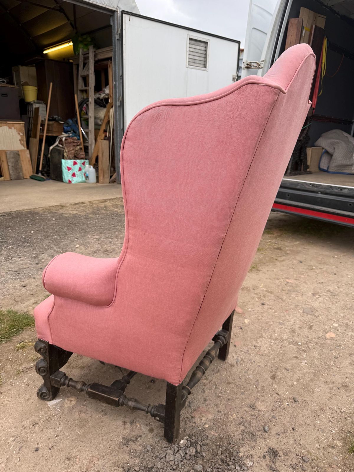 Chair   Carolean Large Wing Back Arm Chair With Carved Oak Base photo vintage