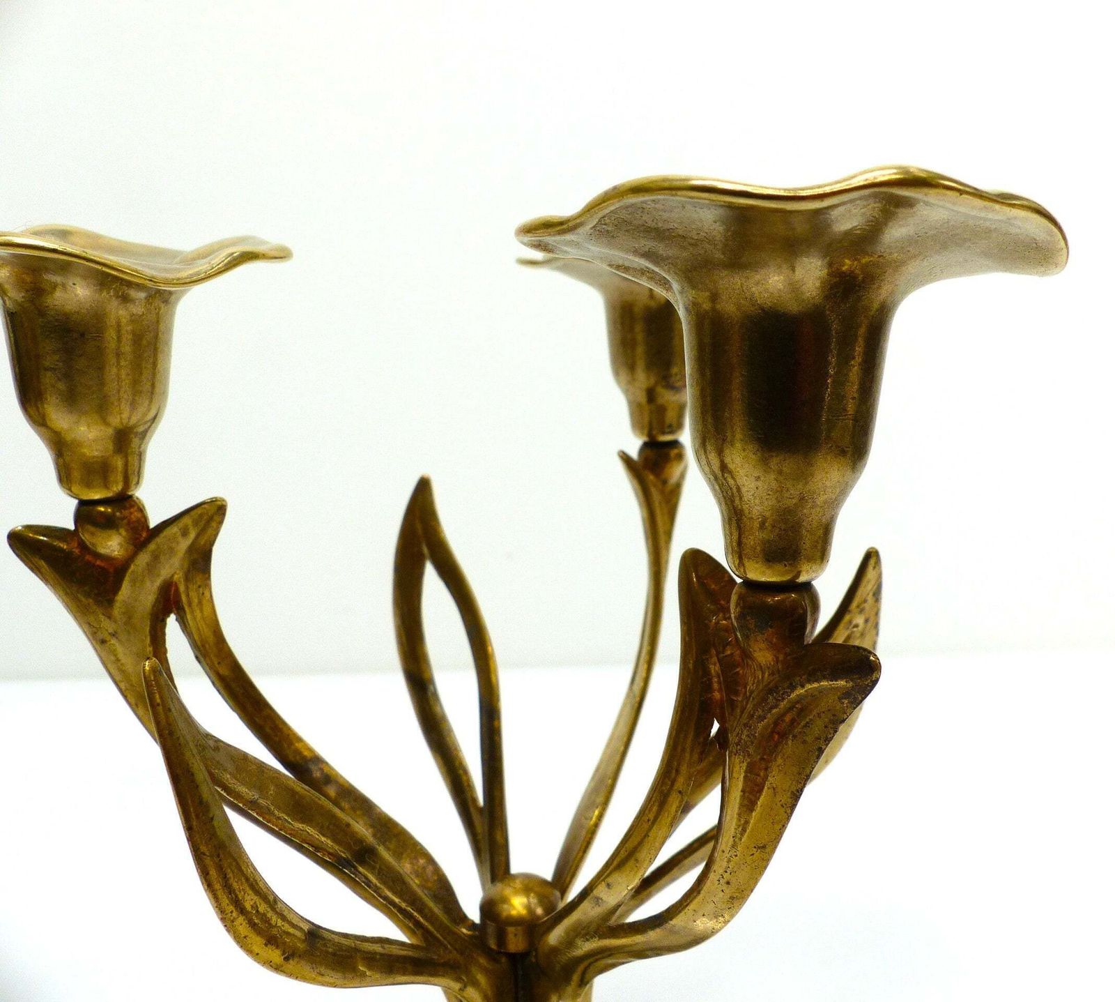 Pair Of Three Light Tripod Brass Candlesticks With Organic Floral Decoration, Circa 1960–1970 photo vinterior