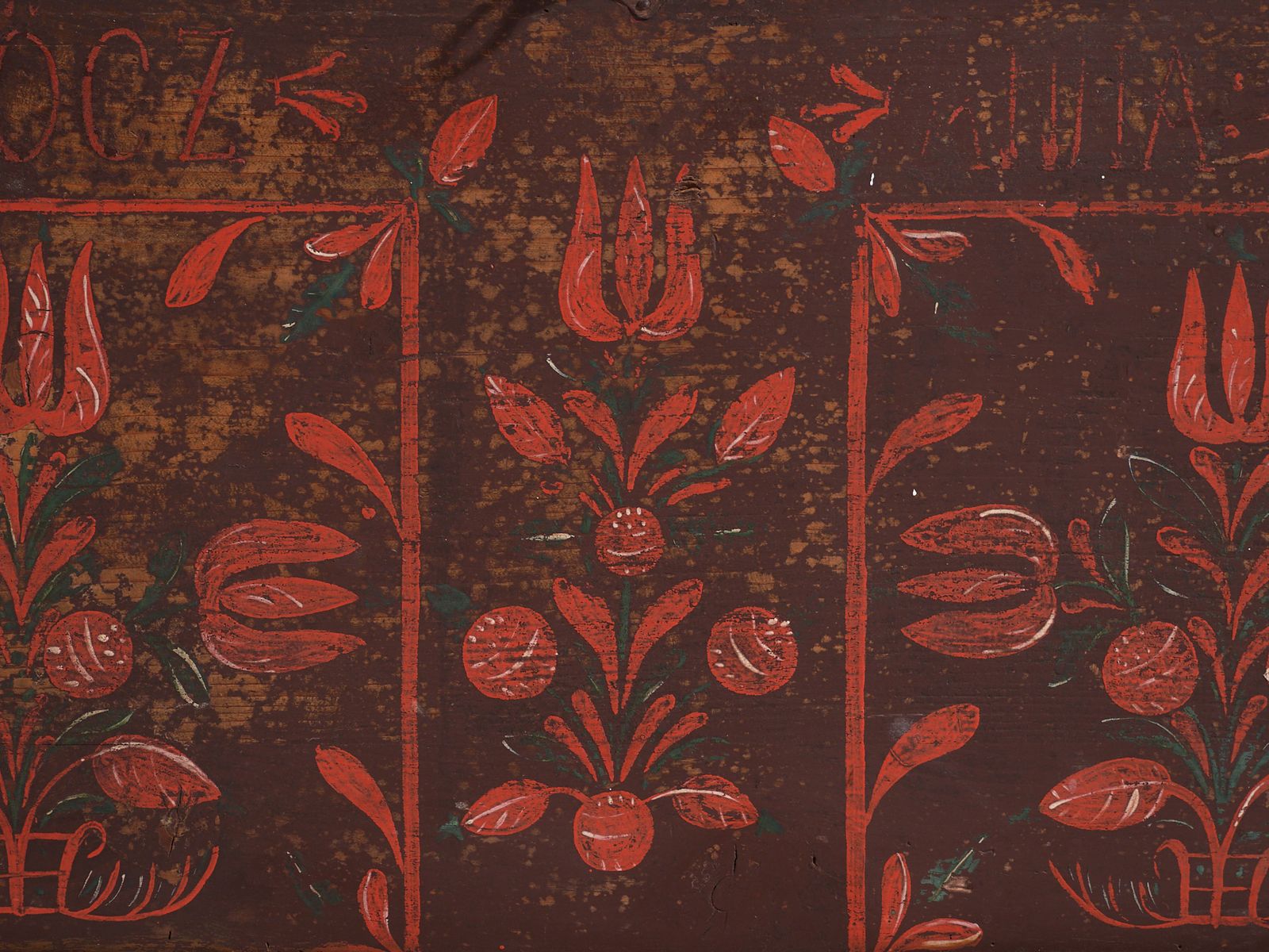 Furniture Antique Dowry Chest In Pine With Painted Tulips – Central Europe, 1891 photo
