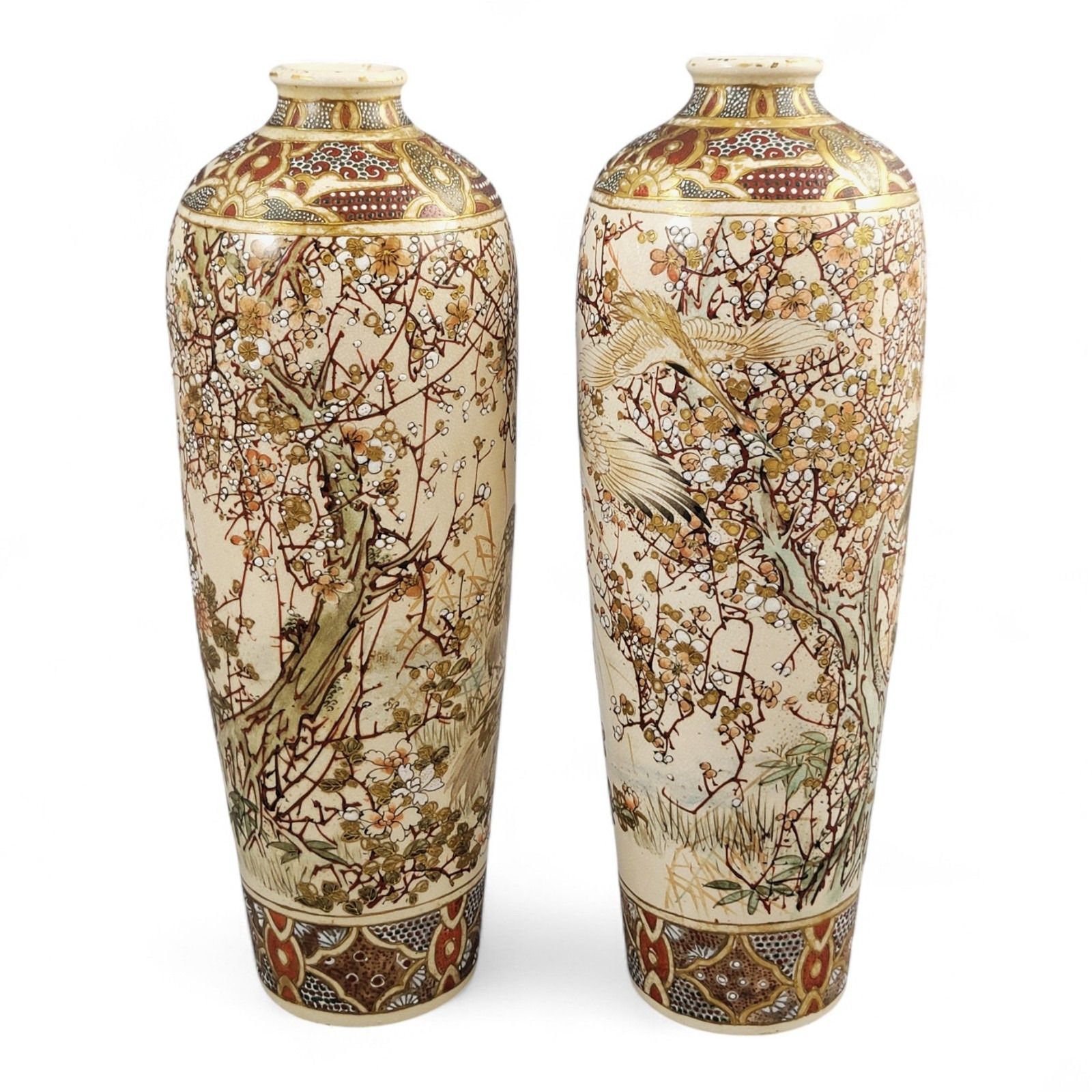 Pair Kyoto Satsuma Vases, Cranes & Plum Blossom, Meiji C.1890–1905 photo Home Decor