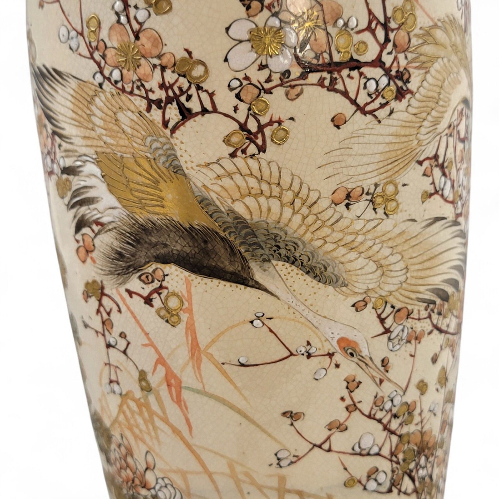 photo vinterior Pair Kyoto Satsuma Vases, Cranes & Plum Blossom, Meiji C.1890–1905