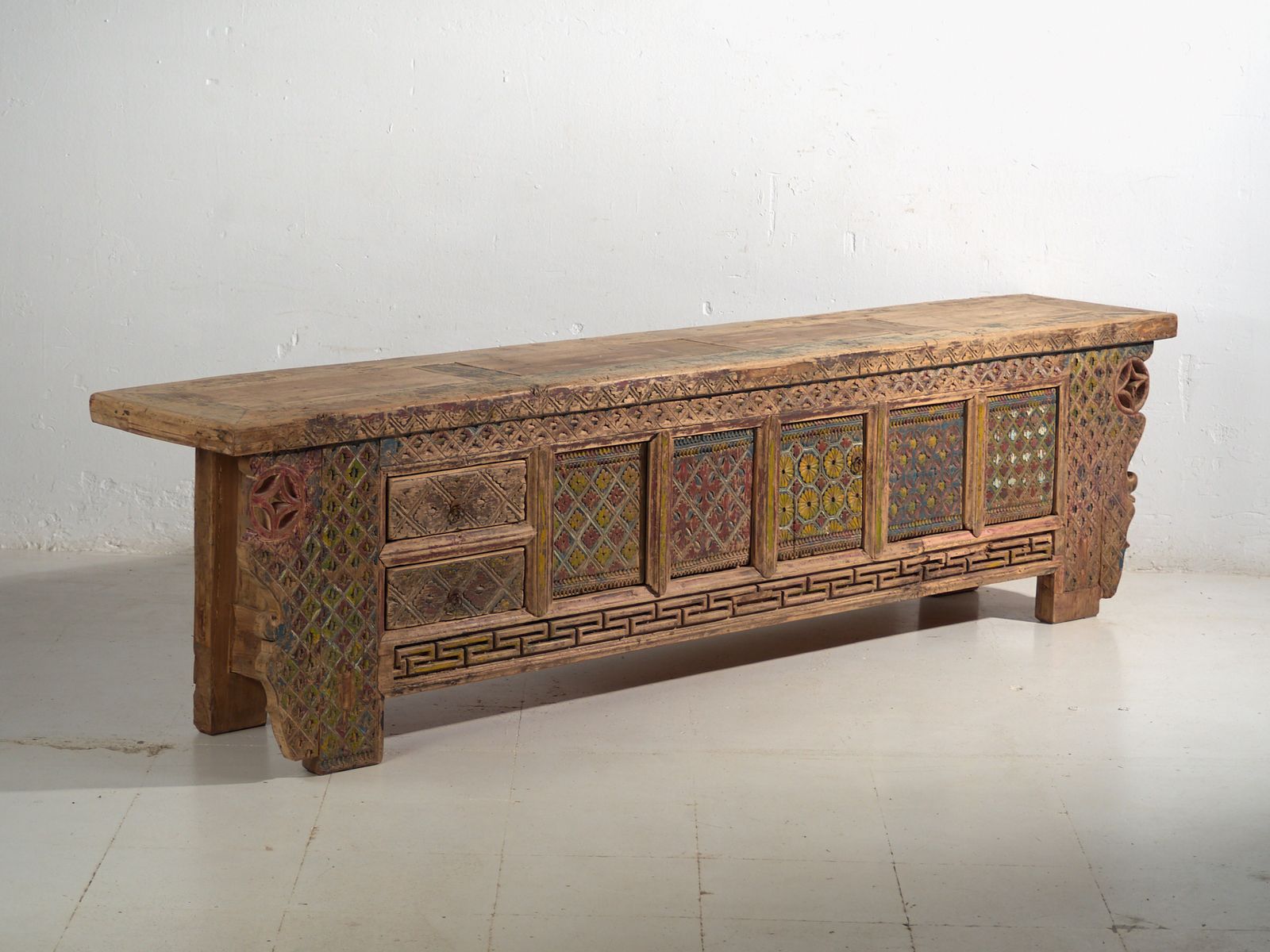Antique Chinese Carved Fir Low Sideboard With Ornate Panels – Gansu, Circa 1930