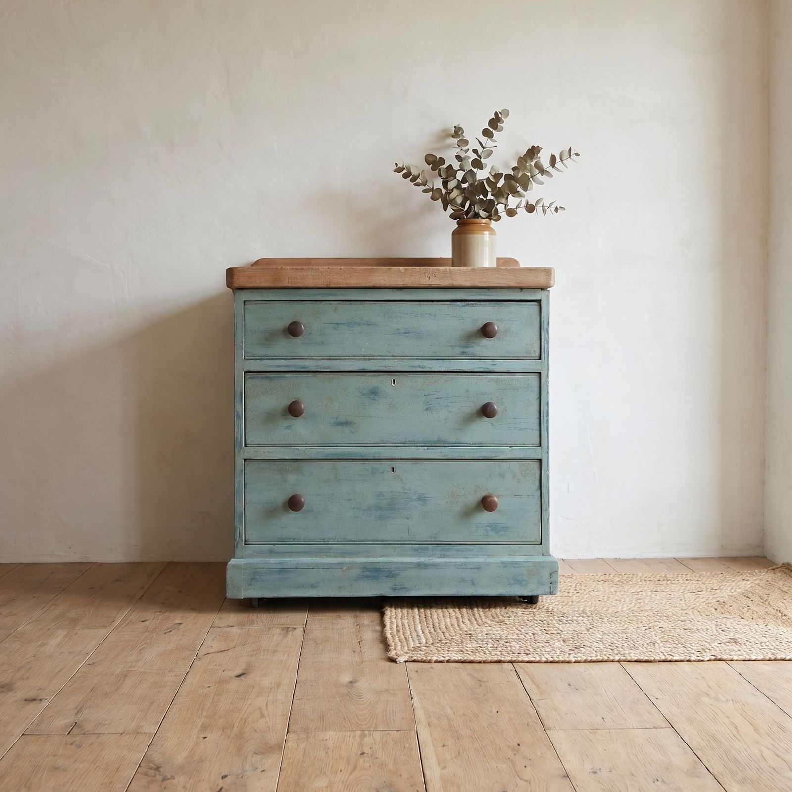 Furniture Antique Pine Painted Chest Of Drawers With Three Drawers And Castors photo