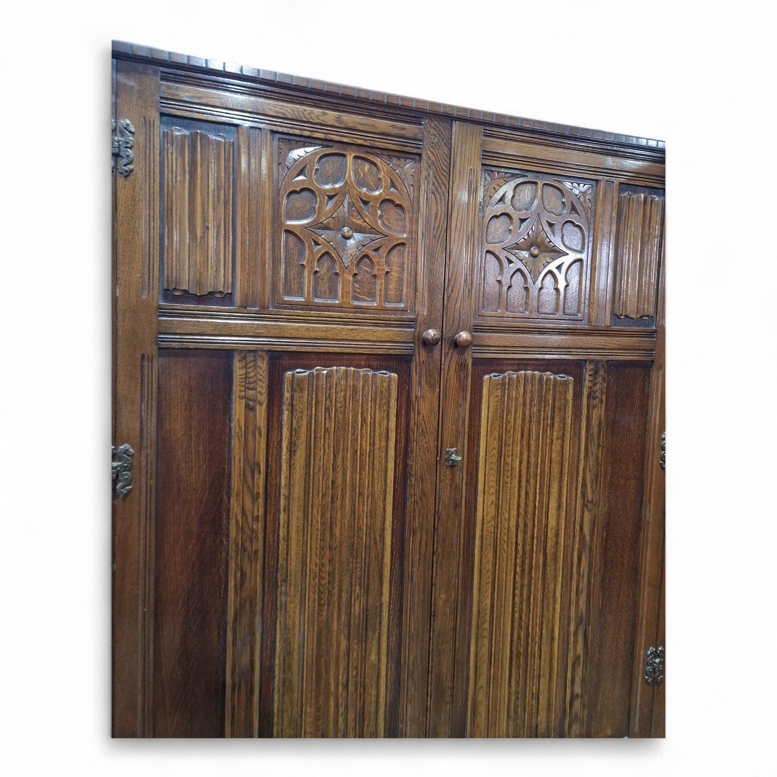 photo for sale Large Oak Double Wardrobe Antique Carved Linenfold Panelled Wardrobe