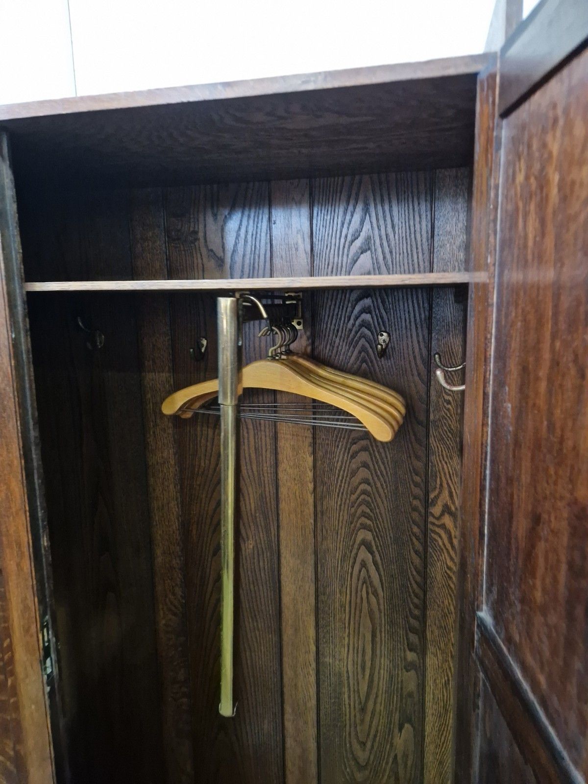 Furniture Arts & Crafts Oak Wardrobe Hall Cupboard Hanging Rail Hooks Storage Cabinet photo