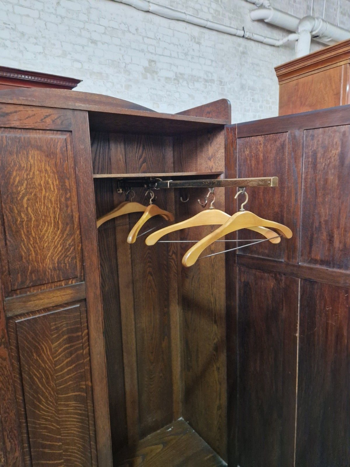 photo buy Arts & Crafts Oak Wardrobe Hall Cupboard Hanging Rail Hooks Storage Cabinet