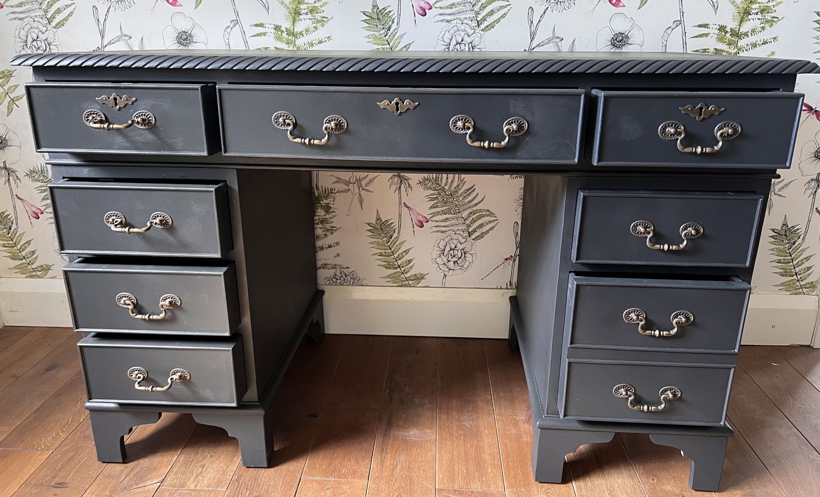 Antique Cast Iron Grey Mahogany Repro 8 Drawer Partner Desk photo for sale