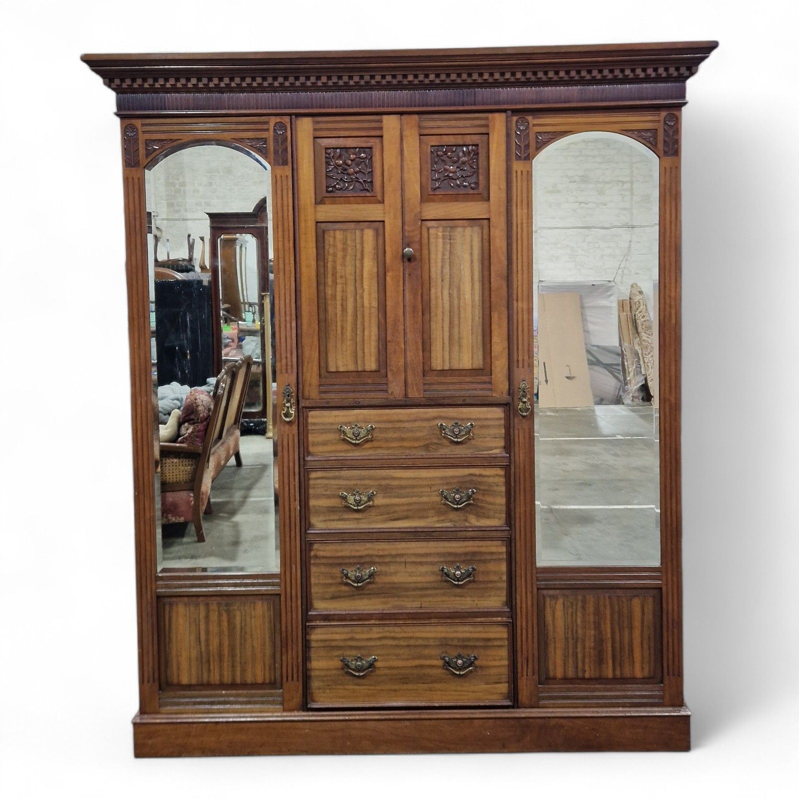 Victorian Combination Wardrobe Antique Carved Walnut Large Triple Wardrobe photo for sale
