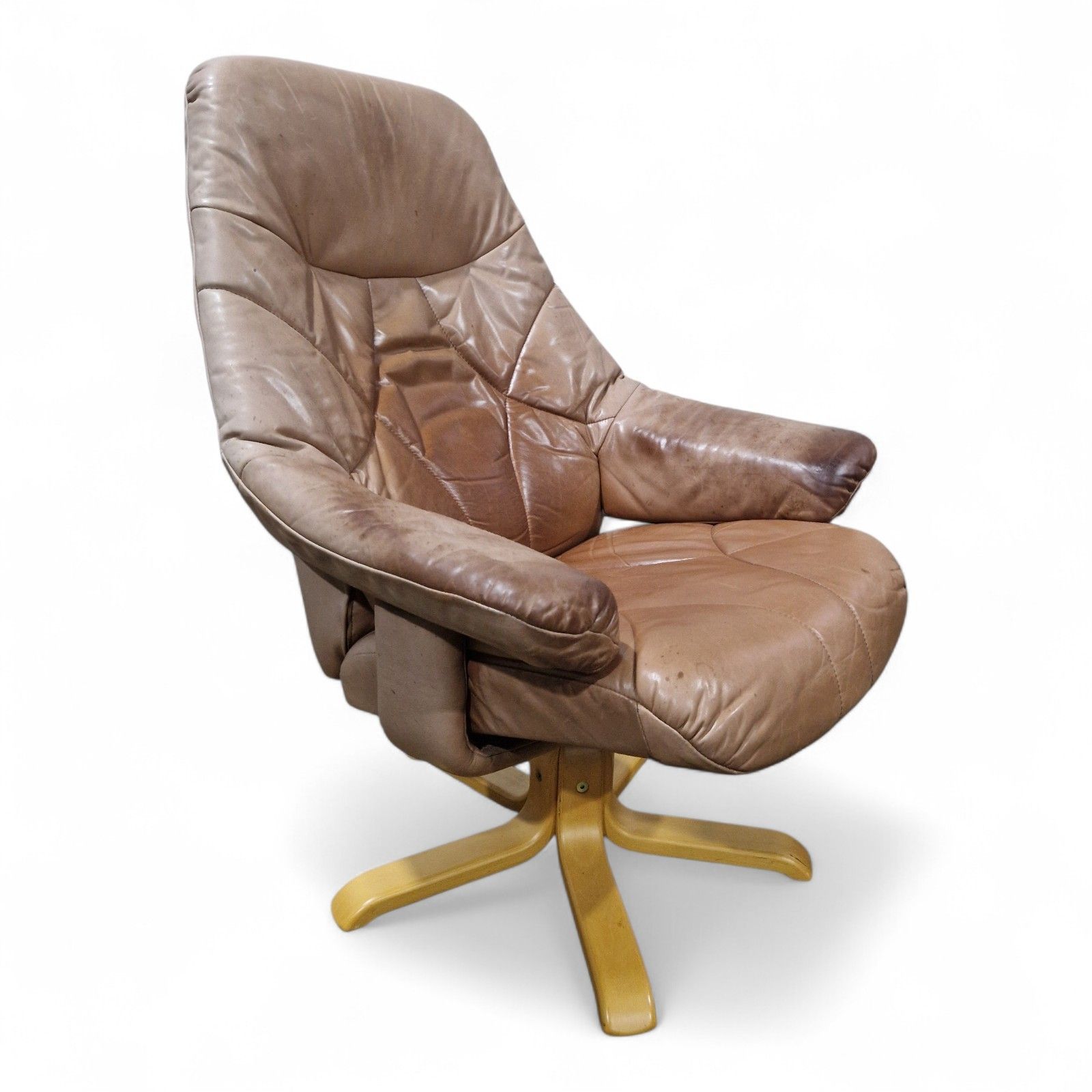 Vintage Leather Swivel Recliner Easy Chair Mid Century Style Armchair Tan Brown