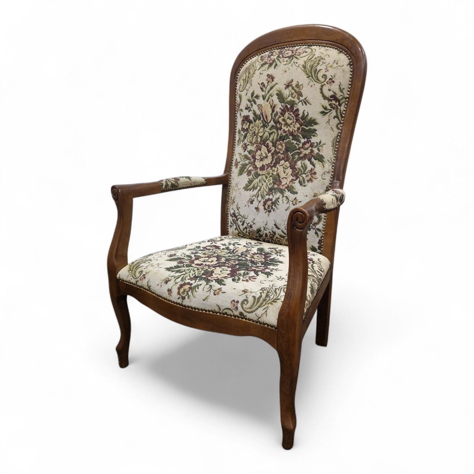 French Carved Armchair Antique Style Upholstered Floral Tapestry Accent Chair photo furniture