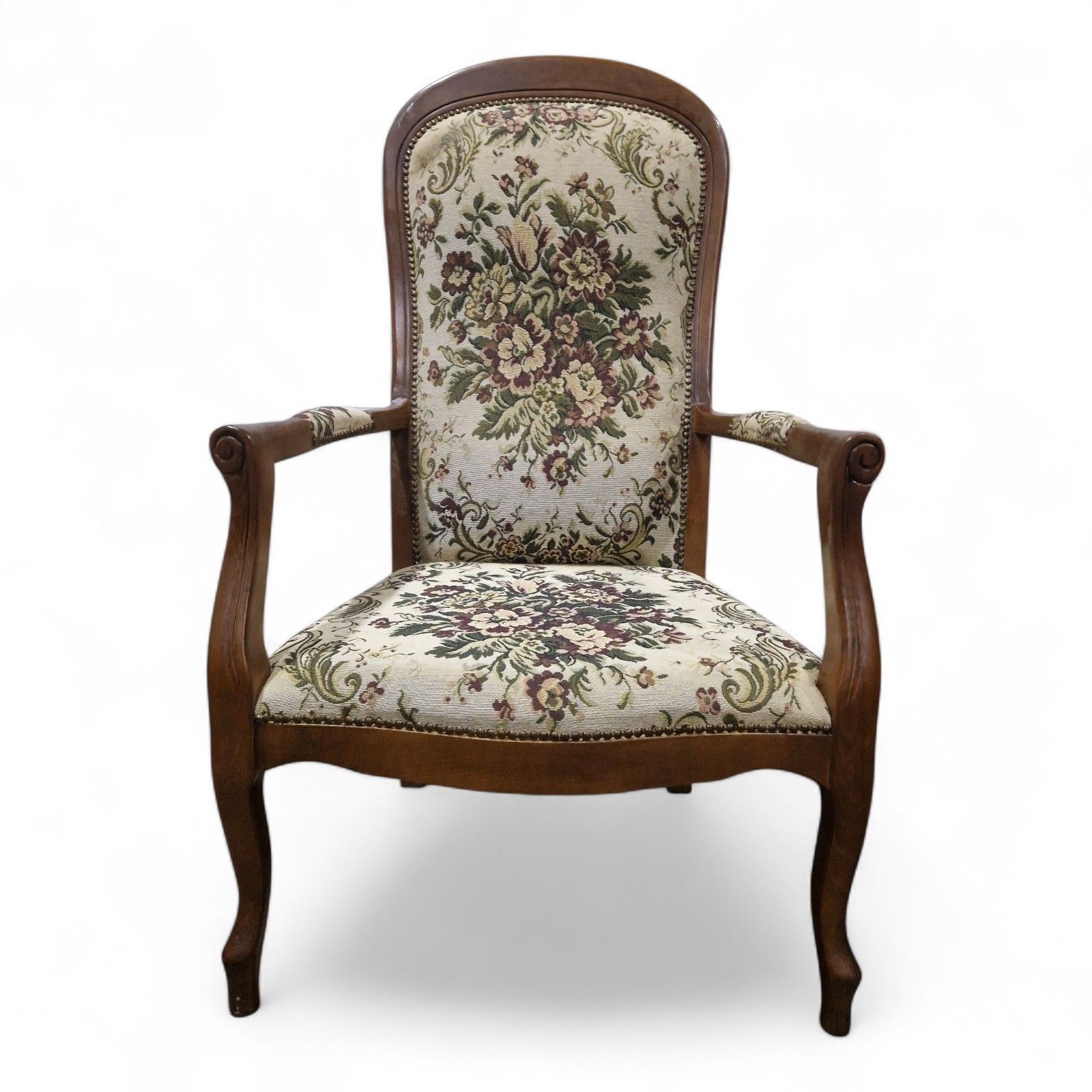 French Carved Armchair Antique Style Upholstered Floral Tapestry Accent Chair photo Furniture