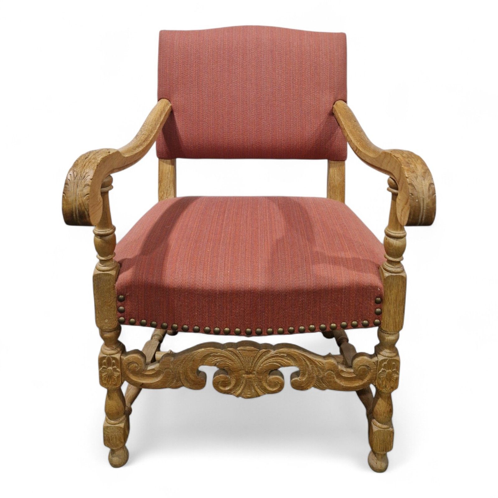French Carved Oak Armchair Antique Continental Upholstered Wooden Accent Chair photo for sale
