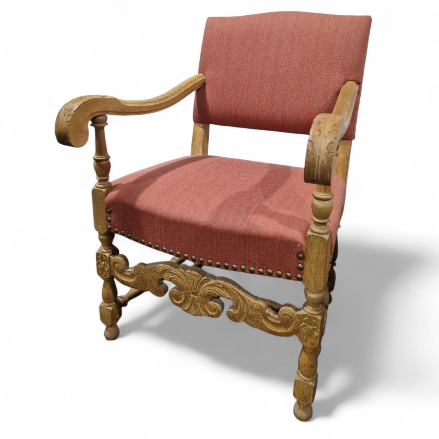 French Carved Oak Armchair Antique Continental Upholstered Wooden Accent Chair photo 160.0